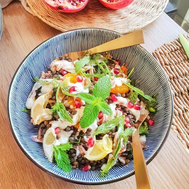 Linse-salat med mynte og granateple